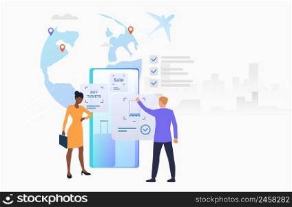 Woman holding briefcase, man buying tickets. Mobile app, phone screen, globe. Booking online concept. Vector illustration can be used for topics like business trip, airline, internet service