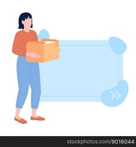 Woman holding cardboard box with unwanted stuff quote textbox with flat character. Donate to charity. Speech bubble with editable cartoon illustration. Creative quotation isolated on white background. Woman holding cardboard box with unwanted stuff quote textbox with flat character