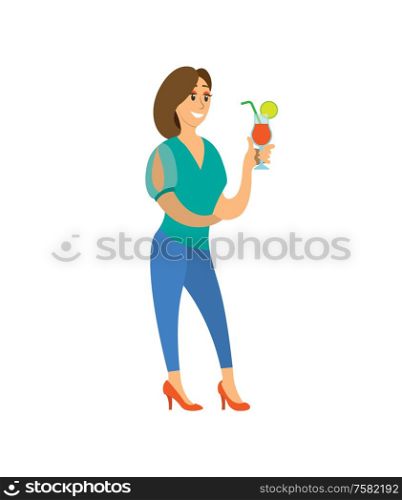 Woman holding cocktail in colorful clothes, smiling and standing with drink. Girl character disco entertainment, fashion person joying in nightclub vector. Woman Holding Cocktail, Disco Character Vector