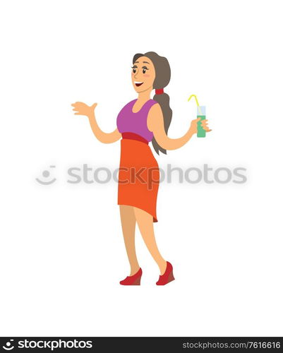 Woman holding cocktail in colorful evening dress vector. Smiling girl standing with drink. Disco entertainment, fashion person joying in nightclub. Woman Holding Cocktail in Evening Dress Vector