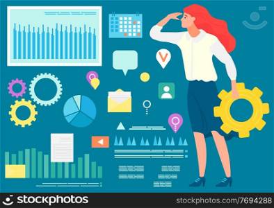 Woman holding cogwheel vector, character with pie diagram and screens with charts and information. Projects data, message letter and geotag symbol. Businesslady with Cogwheel and Statistics Set