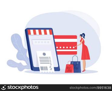 woman holding credit card and phone and making purchase online vector illustration.