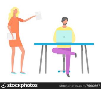 Woman holding documentation vector, man working on computer. Coder and boss with report, people at work, ceo executive giving tasks to employee flat style. Boss Woman Talking to Employee on Computer at Work