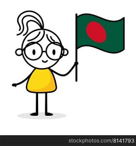 Woman holding flag of Bangladesh isolated on white background. Hand drawn doodle line art man. Concept of country. Vector stock illustration