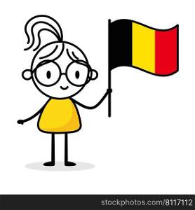 Woman holding flag of Belgium isolated on white background. Hand drawn doodle line art man. Concept of country. Vector stock illustration