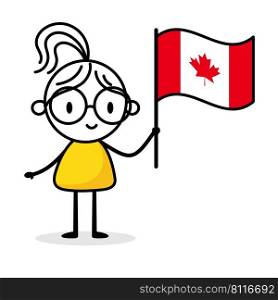 Woman holding flag of Canada isolated on white background. Hand drawn doodle line art man. Concept of country. Vector stock illustration
