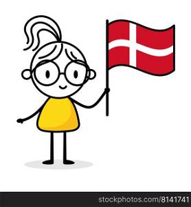Woman holding flag of Denmark isolated on white background. Hand drawn doodle line art man. Concept of country. Vector stock illustration