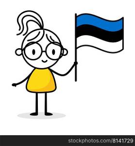 Woman holding flag of Estonia isolated on white background. Hand drawn doodle line art man. Concept of country. Vector stock illustration