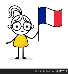 Woman holding flag of France isolated on white background. Hand drawn doodle line art man. Concept of country. Vector stock illustration