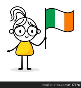 Woman holding flag of Ireland isolated on white background. Hand drawn doodle line art man. Concept of country. Vector stock illustration