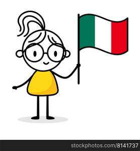 Woman holding flag of Italy isolated on white background. Hand drawn doodle line art man. Concept of country. Vector stock illustration