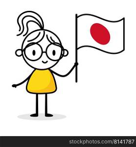 Woman holding flag of Japan isolated on white background. Hand drawn doodle line art man. Concept of country. Vector stock illustration