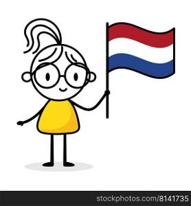 Woman holding flag of Netherlands isolated on white background. Hand drawn doodle line art man. Concept of country. Vector stock illustration