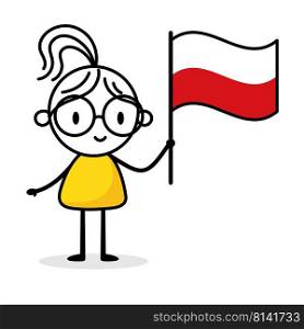 Woman holding flag of Poland isolated on white background. Hand drawn doodle line art man. Concept of country. Vector stock illustration