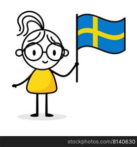 Woman holding flag of Sweden isolated on white background. Hand drawn doodle line art man. Concept of country. Vector stock illustration