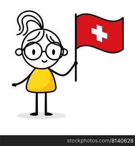 Woman holding flag of Switzerland isolated on white background. Hand drawn doodle line art man. Concept of country. Vector stock illustration