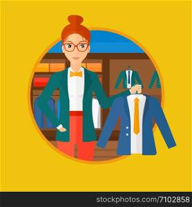 Woman holding hanger with suit jacket and shirt. Woman choosing suit jacket at clothing store. Shop assistant offering jacket. Vector flat design illustration in the circle isolated on background.. Woman holding jacket in clothing store.