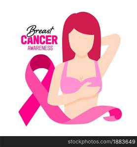 Woman holding her breast. Breast cancer awareness month concept. Cartoon character design. Vector ilustration.