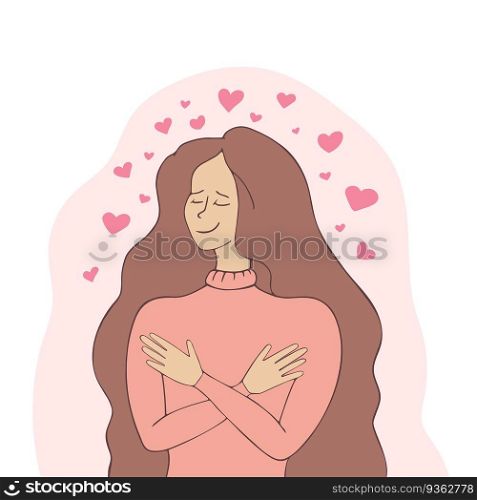 Woman holding herself. Feeling self love. Harmony. Selfcare and peace theme. Love yourself. Vector illustration
