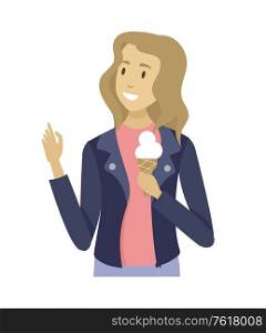 Woman holding ice-cream, closeup and portrait view of girl waving hand and eating sweet, smiling person in jacket walking, spring or summer season vector. Girl Character Holding Ice-cream, Female Vector