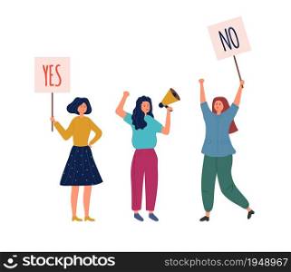 Woman holding info plates. Yes no banners, protest and accepted or negative and positive choice. Girls demonstration or voting vector illustration. Woman protest, activist political campaign. Woman holding info plates. Yes no banners, protest and accepted or negative and positive choice. Girls demonstration or voting vector illustration
