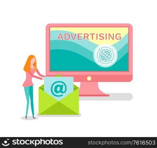 Woman holding letter, monitor of computer with colorful advertising web page. Person opening envelope, commercial website and email, online cover vector. Woman Holding Letter, Advertising Web Page Vector