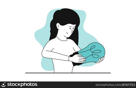 Woman holding light bulb and search business idea vector illustration concept. Creative solution and bright inspiration for businesswoman. Genius invention and smart development. Conceptual career