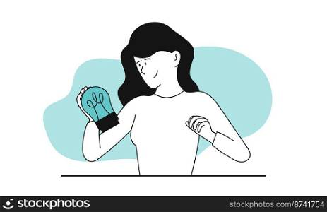 Woman holding light bulb and search business idea vector illustration concept. Creative solution and bright inspiration for businesswoman. Genius invention and smart development. Conceptual career