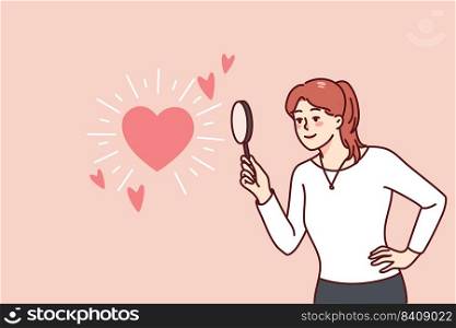 Woman holding magnifying glass looking at heart symbol. Happy girl looking for love or relationships with magnifier. Flat vector illustration.. Woman using magnifier looking for love