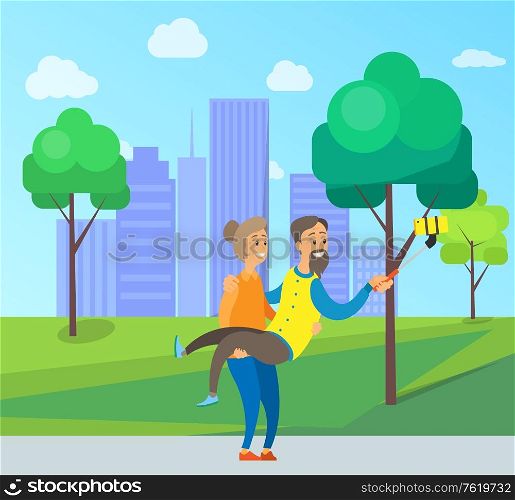 Woman holding man on hands vector, happy couple in city park having fun together, male holding phone and taking selfie with grandmother, pensioners. Old People Taking Selfie Photo in City Town Park