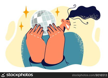 Woman holding mirror disco ball for party and smiling enjoying club music and nightlife. Girl has fun and relaxes at parties or dances during cool disco with modern energetic music. Woman holding mirror disco ball for party and smiling enjoying club music and nightlife