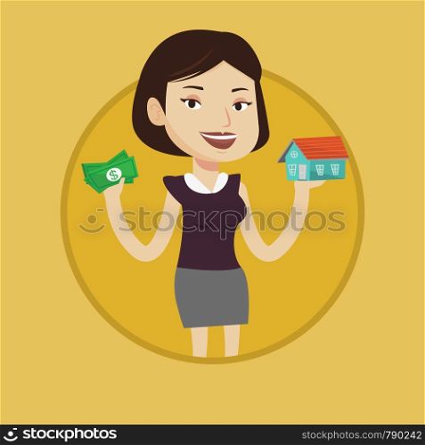 Woman holding money and model of house symbolizing loan for house. Woman got loan for buying a new house. Real estate loan concept. Vector flat design illustration in the circle isolated on background. Woman buying house thanks to loan.