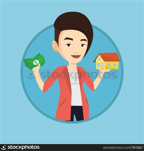 Woman holding money and model of house. Woman having loan for house. Woman got loan for buying a house. Real estate loan concept. Vector flat design illustration in the circle isolated on background.. Woman buying house thanks to loan.