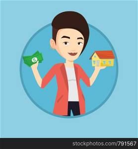Woman holding money and model of house. Woman having loan for house. Woman got loan for buying a house. Real estate loan concept. Vector flat design illustration in the circle isolated on background.. Woman buying house thanks to loan.