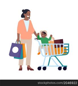 Woman holding paper bags and shopping cart with kid. Happy family in store. Vector illustration. Woman holding paper bags and shopping cart with kid. Happy family in store