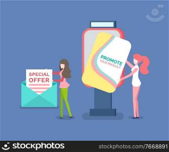 Woman holding paper, letter in envelope, advertising in billboard. Side view of people with advertisement sheet. Design of poster for promotion vector. Women with Advertisement Sheet, Poster Vector