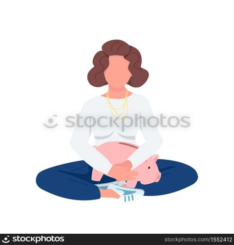 Woman holding piggy bank flat color vector faceless character. Lady making savings. Businesswoman sitting with money box isolated cartoon illustration for web graphic design and animation. Woman holding piggy bank flat color vector faceless character
