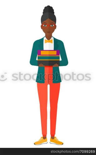 Woman holding pile of books vector flat design illustration isolated on white background. . Woman holding pile of books.