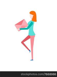 Woman holding pink envelope in hand vector isolated cartoon character. Message in paper mail card, female with enveloped report, flat style illustration. Special Offer Paper in Envelope and Woman Isolated