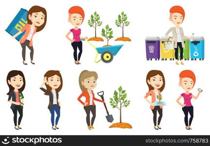 Woman holding plastic bottle with plant growing inside. Woman holding plastic bottle used as plant pot. Plastic recycling concept. Set of vector flat design illustrations isolated on white background.. Vector set of characters on ecology issues.