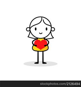 Woman holding red heart isolated on white background. Hand drawn doodle line art female. Concept of love. Vector stock illustration.