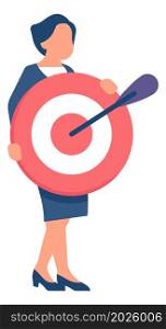 Woman holding red target with arrow. Goal achievement concept isolated on white background. Woman holding red target with arrow. Goal achievement concept