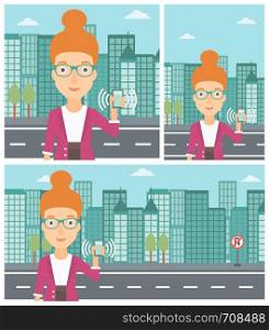 Woman holding ringing mobile phone on a city background. Young woman answering a phone call. Woman with ringing phone in hand. Vector flat design illustration. Square, horizontal, vertical layouts.. Woman holding ringing telephone.