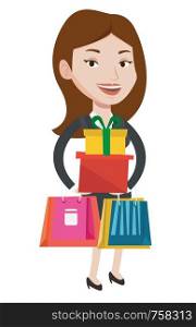 Woman holding shopping bags and gift boxes. Caucasian woman carrying shopping bags and boxes. Girl standing with a lot of shopping bags. Vector flat design illustration isolated on white background.. Happy woman holding shopping bags and gift boxes.