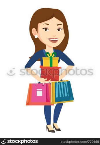 Woman holding shopping bags and gift boxes. Happy woman carrying shopping bags and gift boxes. Girl standing with a lot of shopping bags. Vector flat design illustration isolated on white background.. Happy woman holding shopping bags and gift boxes.