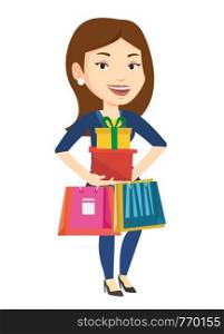 Woman holding shopping bags and gift boxes. Happy woman carrying shopping bags and gift boxes. Girl standing with a lot of shopping bags. Vector flat design illustration isolated on white background.. Happy woman holding shopping bags and gift boxes.