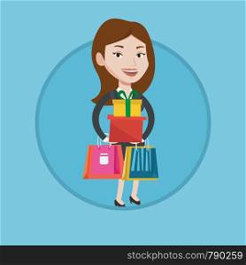 Woman holding shopping bags and gift boxes. Woman carrying shopping bags and boxes. Girl standing with a lot of shopping bags. Vector flat design illustration in the circle isolated on background.. Happy woman holding shopping bags and gift boxes.