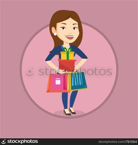 Woman holding shopping bags and gift boxes. Woman carrying shopping bags and boxes. Girl standing with a lot of shopping bags. Vector flat design illustration in the circle isolated on background.. Happy woman holding shopping bags and gift boxes.