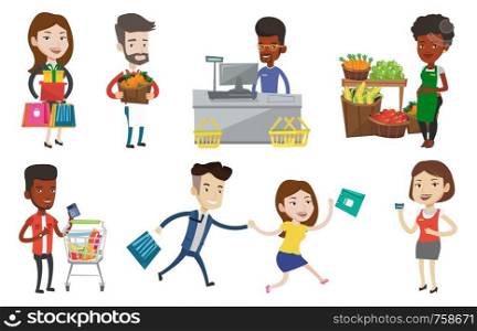 Woman holding shopping bags and gift boxes. Woman carrying shopping bags and gift box. Woman standing with a lot of shopping bags. Set of vector flat design illustrations isolated on white background.. Vector set of shopping people characters.