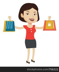 Woman holding shopping bags with purchases. Happy caucasian woman carrying shopping bags. Woman standing with a lot of shopping bags. Vector flat design illustration isolated on white background.. Happy woman holding shopping bags.